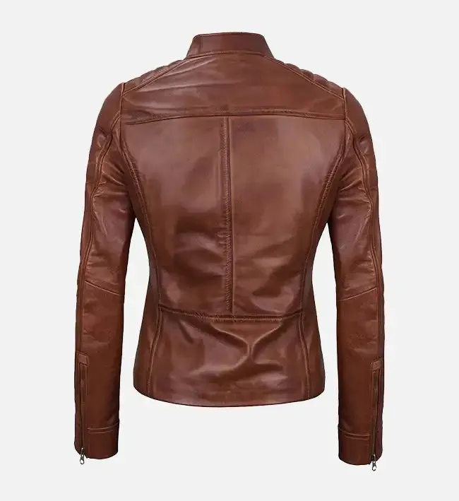 Women's Cafe Racer Brown Padded Leather Jacket