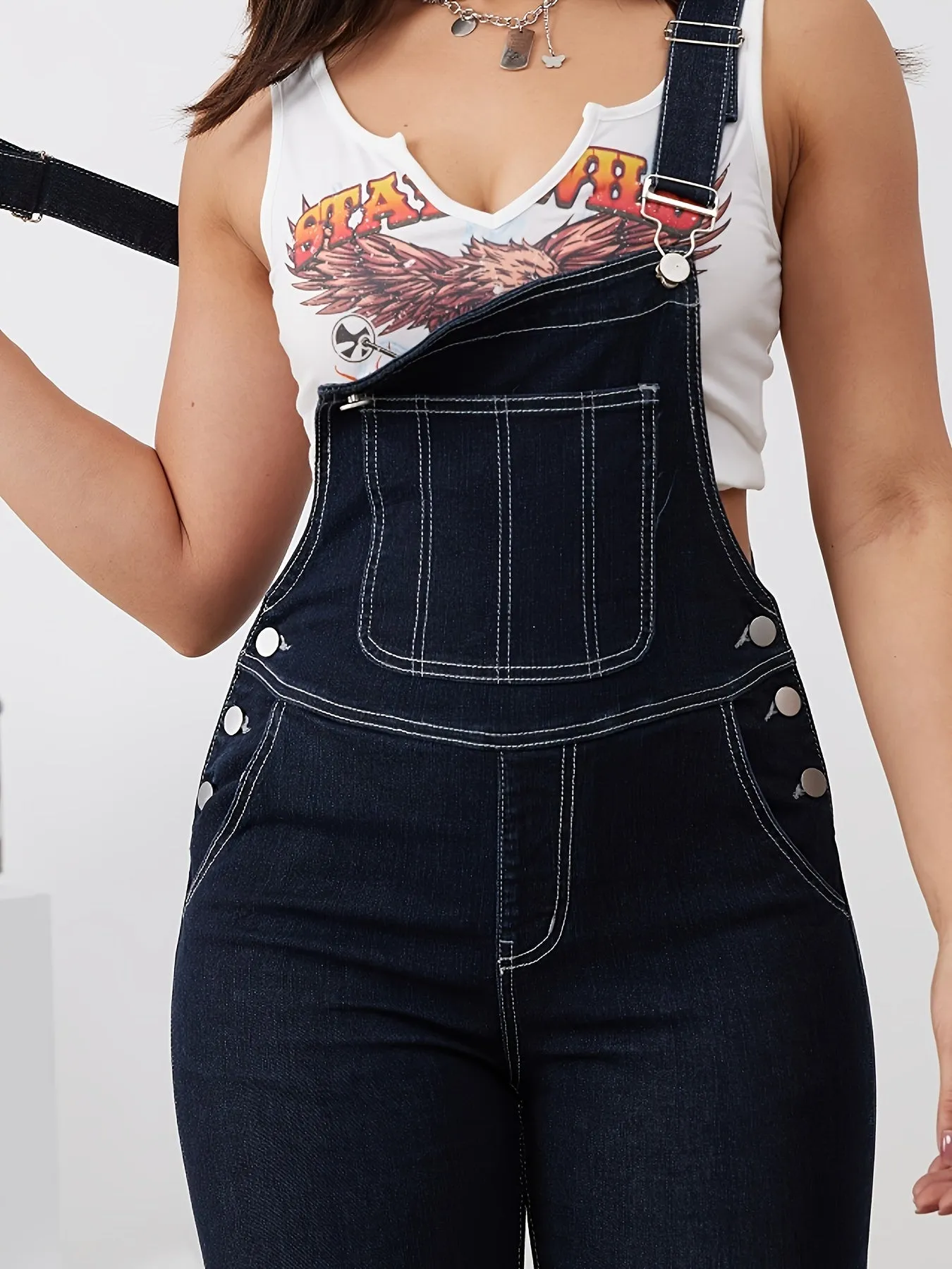 Womens Chic Denim Overalls Jumpsuit - Comfortable High-Elastic Fit, Adjustable Straps for Customizable Style, Flattering Elegant Silhouette - Premium Denim Jeans & Fashion Clothing Essential