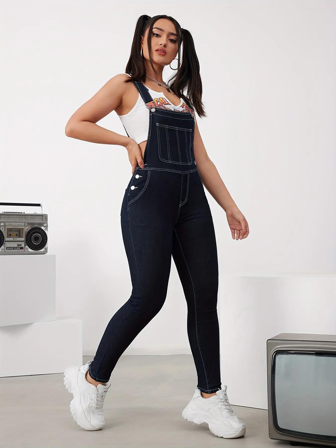 Womens Chic Denim Overalls Jumpsuit - Comfortable High-Elastic Fit, Adjustable Straps for Customizable Style, Flattering Elegant Silhouette - Premium Denim Jeans & Fashion Clothing Essential